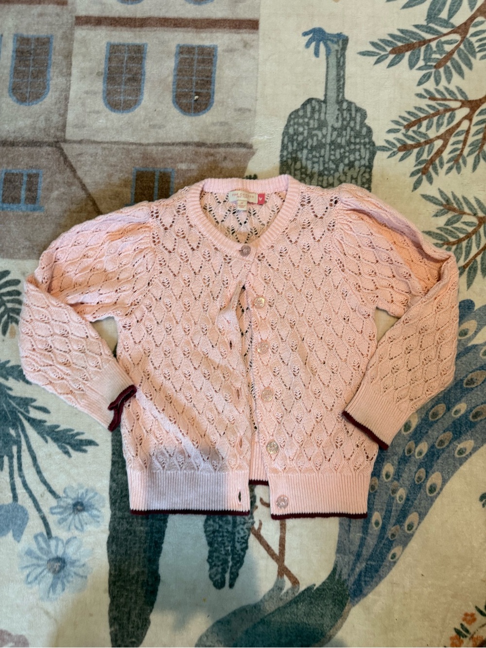 Pink Chicken Pastel Pink Eyelet Knit Cardigan with Maroon Trim